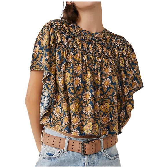 Free People Ruffled Up Top Linen Blend Navy/Gold Floral Smocked Flowy XS NWT - Picture 2 of 6